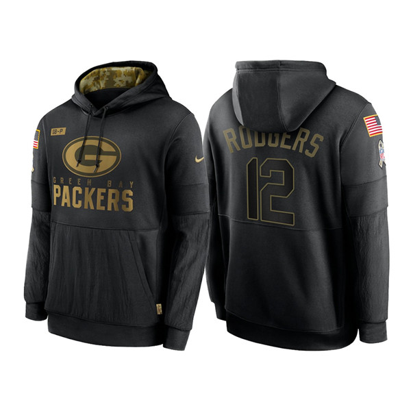 Men's Green Bay Packers #12 Aaron Rodgers 2020 Black Salute to Service Sideline Performance Pullover Hoodie